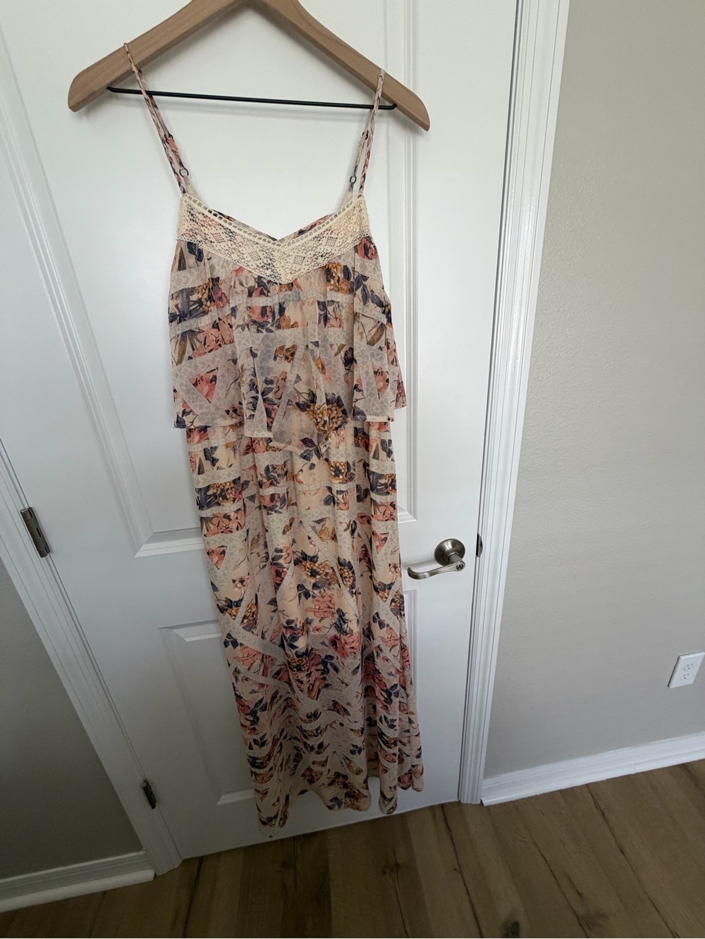 Xhilaration Cream Floral Lace-Trim Spaghetti Strap Maxi Dress